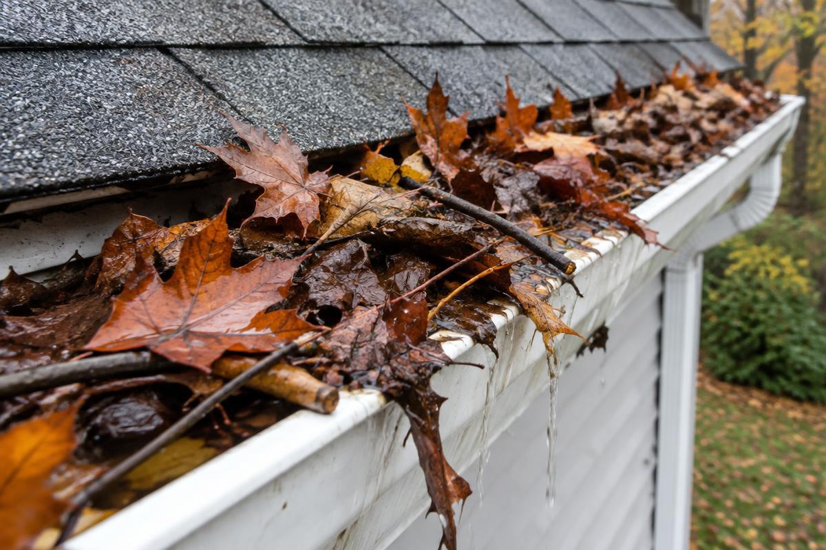 Before: gutter overflowing with leaves